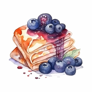 a watercolor Crepe with blueberry dessert clipart, hd, on white background, spaced out