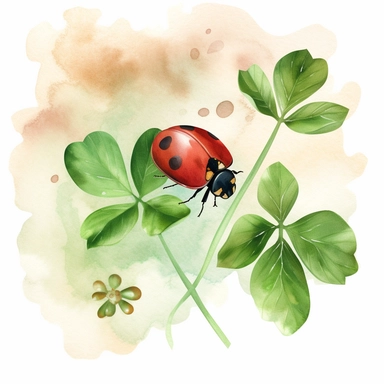 Create a charming clipart illustration suitable for a watercolor, featuring a friendly ladybug strolling on a four-leaf clover, set against a clean white background. Emphasize the whimsical nature of the scene by giving the ladybug endearing features and using bright, bold colors. Incorporate simplistic shapes and clean lines to capture the essence of a illustration, while maintaining the visually appealing style of clipart. The white backdrop adds a fresh and modern touch to the design