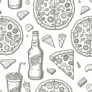 hand drawn seamless pattern of a pizza and coke doodle, clipart, white background