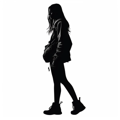 clipart teenage girl silhouette in black with a bag in hand white background