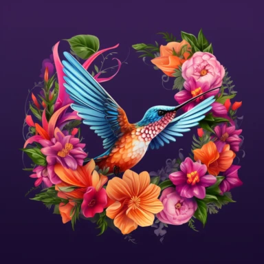 An exquisitely realistic and captivating representation of a hummingbird, brought to life in a vector format with flat design elements. The hummingbird's intricate features, from its slender beak to its delicate wings, are meticulously crafted to capture its grace and beauty. It is encircled by a ring of vibrant and colorful flowers, each blossom showcasing its own unique charm. Against a clean white background, this clipart allows for seamless integration into t-shirt designs, providing a visua