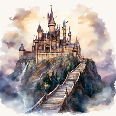 Hand drawn Vintage creepy Hogwarts Castle, no background, watercolor, witchcraft, magical mystery art, cartoon style, very detailed, 8k, clipart, no shadow, single design, print on demand image, PNG transparent, white background for removing background - - no text shadow font watermark