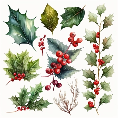 Watercolor set, Christmas holly leaf collection. Green leaves and red holly berries isolated on white background, christmas clipart. winter decoration for postcards, wrapping paper with illustrations