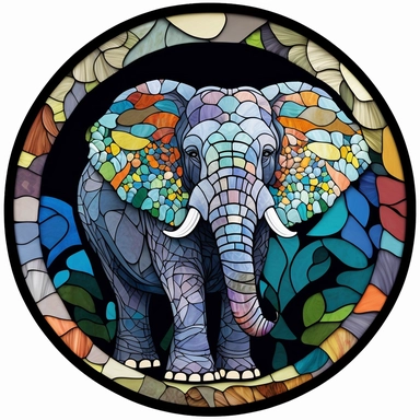 Stained Glass elephant ornament,in the style of circular,bright dark colors,full colors,animated mosaics clipart on a white background, shutterstock contest winner, generative art, detailed painting, digital illustration, photoillustration isolated on white background, digital watercolor