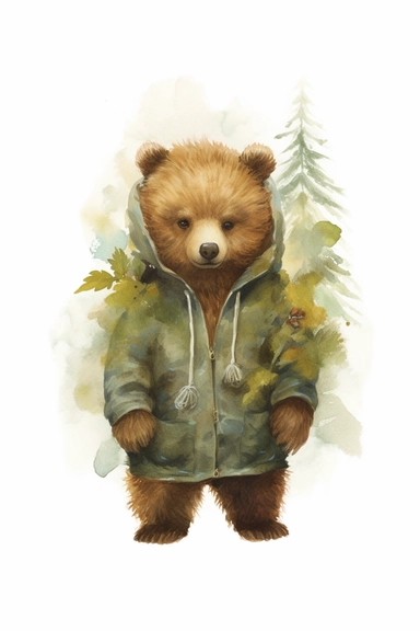 little baby, brown bear,neutral nursery art,cute bear, Baby attire,intricate,disney, baby light green,baby light blue, baby light ocher,hairy, cotton, beautiful trees,enchanted Forest,realism, watercolor painting, enchanted Forest, solid background, white background, vintage outfit, oil painting, photobashing, ,clipart