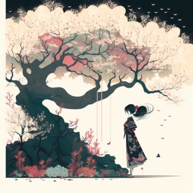 in the style of Ryo Takemasa, xuan loc xuan, Lisa Audit, Anastasia Suvorova, Jon Klassen, greg tocchini, single lady under sakura tree at night, fantasy, limpid, magical, mysterious, white background, vector, clipart, elaborate, ultra-detailed, best quality illustration, vibrant colors, high definition, UHD