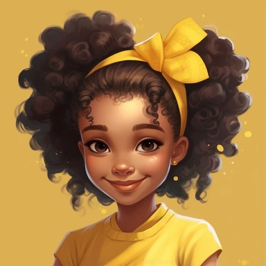illustration concept of cartoon african girl with a bow clip art, in the style of lilia alvarado, yellow and gold, poodlepunk, walt disney, realistic portrait drawings, charming anime characters, 32k uhd