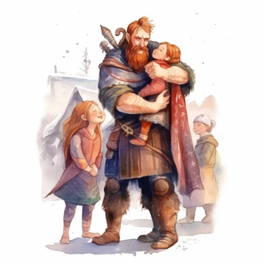 a viking finally at home greeting and hugging his wife and chidren watercolor clipart