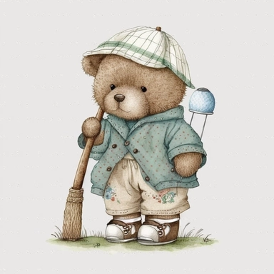 cute Teddy Bear playing golf and wearing vintage golf summer clothes Illustration, Sublimation graphics, by Beatrix Potter, Watercolor clipart, single design, white background