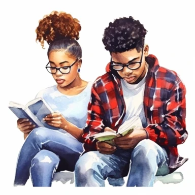 black, African American teen boys and girls reading in a library clipart, relaxed attired, messy buns, sweats watercolor style, hyper realistic, detailed, white background