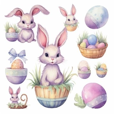 Watercolor easter eggs, illustrations clipart set, simple, soft colors, cartoon elements, different variants, easter elements, jumping bunnies, sitting bunnies ,rabbits, cute little girl, easter eggs in basket, separate elements with a margin