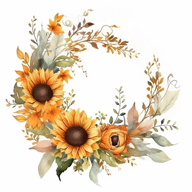 sunflower bouquet clipart flower wreath, in the style of stephanie pui-mun law, holotone printing, dark white and light orange, sony fe 85mm f/1.4 gm, dye-transfer, delicate paper cutouts, southern countryside