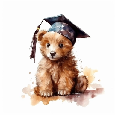 highly detailed watercolor clipart of a cute baby brown bear sitting, wearing graduation hat, on a white background