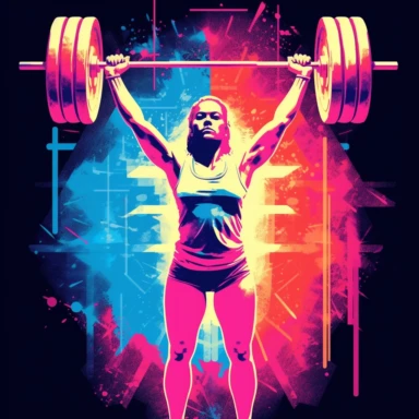 T shirt design, female olympic weightlifting lifting the barbell above head, gym, equipment, lights, clipart