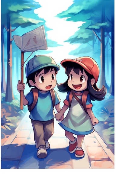 6 years old ash ketchum in the style of disney, with a girlfriend reading a map and standing in a crossroads, in the style of childrens book illustration, colorful, cute, matte colors, clipart,adventure, 2d