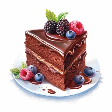one Chocolate cake clipart on a white background, in the style of watercolor illustrations, tilt-shift lenses, detailed sketching, vibrant color choices, elaborate borders, isometric, assemblage pieces, no watermark, text, 300 DPI , typography, shapes do not stick together, no text in the picture, on a white background