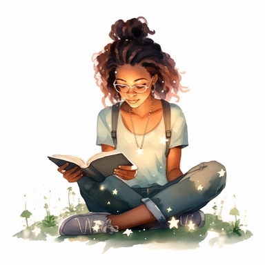 Watercolour Black teenage girl Reading Clipart, braids, forest library, surronded by fireflies, reading in a fort, Girl Studying Clipart, Book Lover , Student Clipart, Reading Png,Bookworm, hd, white background, spaced out, pastel colors, cartoon realism details--ar 3:2