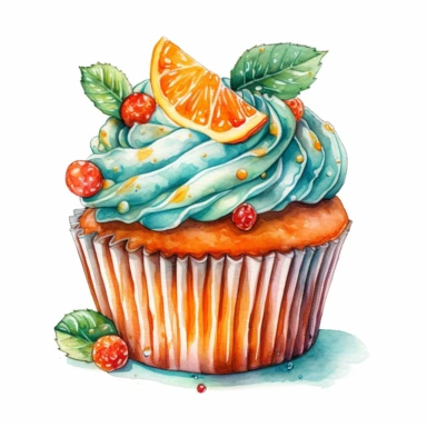 An intricately detailed watercolor clipart illustration displaying an ultra-realistic [specific design idea, like  cupcakes decorated With orange and mint  ], isolated on a white background, in the style of ultra-detailed watercolor clipart illustrations, HDR watercolor clipart illustrations, 32K watercolor clipart illustrations, hyperrealistic watercolor clipart illustrations, ultra-intricate watercolor clipart illustrations, high-resolution watercolor clipart illustrations, high-definition wat