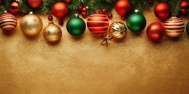 Christmas ornaments isolated on gold background, horizontal border. Round gift box, green red glass balls, lights, star, snowflakes, fir tree twigs, candy cane. Winter holiday clip art. Seasonal decor. Hasselblad H6D 120mm lens f/16