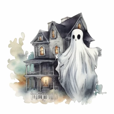 hand drawn little floating ghost outside a Victorian mansion, on Halloween night, ghost is glowing and almost sheer, cute and glamorous , very detailed and realistic, watercolor, white background with margins, clipart style