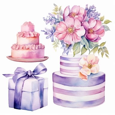 Watercolor birthday accesories, flowers, white background, watercolor, hyperrealism, high detail, isolated elements, set, clipart