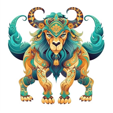 Create a unique clipart of a fierce and intimidating chimera with a multi-patterned body. The chimera should feature a blend of animal features, such as lion's head, goat's horns, and snake's tail, all rendered in a cartoon style. Let the colors and patterns speak to the imagination of the viewer, and make sure they are vibrant and bold. Place the chimera against a plain, high-contrasted background to make it stand out and captivate the viewer's attention.
