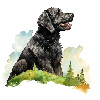 close up side view high detailed, Hand drawn watercolor clipart of a happy Black Labradoodle enjoying the green hill , on a pure white background for background removal, no shadow, no paint splash