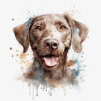 cute Slovakian Rough-haired Pointer dog portrait, full face, centered shot, side shot, dynamically posed, in action, playful mood, happy mood, playing mood, cute face, adorable smile, childlike eyes, clean watercolor illustration, white background, nursery baby imagery, painting, detailed, 8k, PNG, clipart,