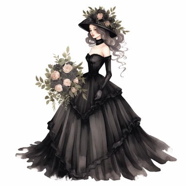 create a lady in a elegant victorian black Wedding dress clipart,black color, victorian wedding themed, no shadow,8k, f1, watercolor illustration by katie daisy style, single design, PNG transparent background, white background for removing background - - no text shadow font watermark