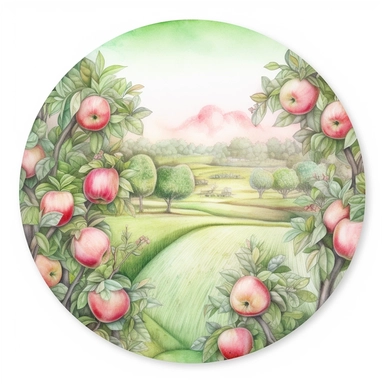 Watercolored pencil style illustration, circle with a boho style apple orchard scenery, pink green white silver, isolated on a white background, PNG file clipart style, Dennis Wojtkiewicz, Amanda Clark, Lowell Herrero,