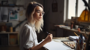 Woman designer and jewelry artist on background of Workshop. Holds clipboard and pen. Sketch development. . copy space photojournalism, soft focus