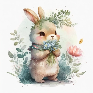 Rabbit with flower, anthropomorphic cartoon, watercolor clipart, pastel colors, fluffy fur, spring forest, soft lighting, playing bunny