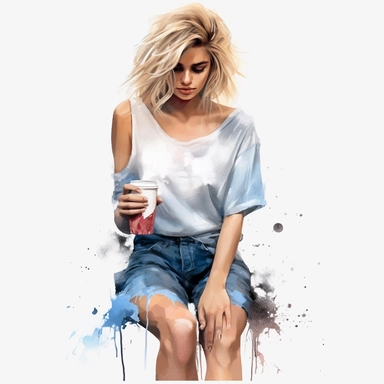 glamour model posing, blonde hair ripped jeans off the shoulder top, watercolour style 8k clipart png transparent