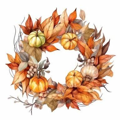 Autumn wreath, dry autumn leaves, small pumpkins, watercolor, clipart, white background