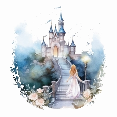 light watercolor wild castle and beauty girl in the moonlight in beautiful forest with bridges, roses, flowers,and lights realistic clipart on white background