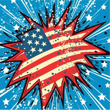 cartoon style, clipart, american flag with fireworks surrounding the flag