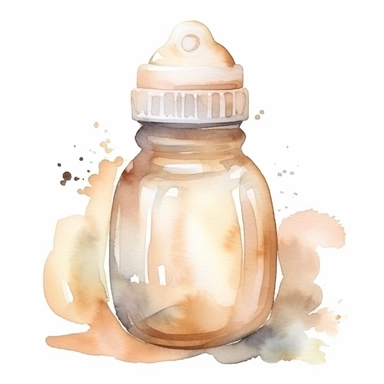cute watercolor newborn soft beige baby bottle, watercolor effect, isolated white background, babyshower clipart, soft beige tones