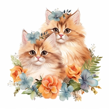 Vibrant Realistic natural colors Persian kittens various poses and modes with flowers boho style Clipart for a birthday card without text 300 dpi PNG format instant download for commercial use