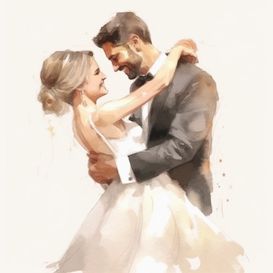 watercolor, drawing, illustration of bride and groom, bride short haircut, laughing, wedding dance, clipart, high resolution format, photorealistic, 3D. 4K