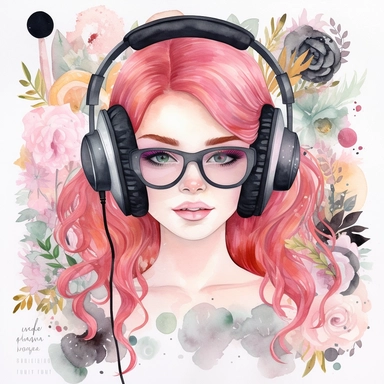 watercolor clipart with wihite background enchanting red haired girl with headphones and black sunglasses on with a beautiful background pastel pinks and black! a fantasy world of world of whimsy and wonder with these detailed and adorable is meticulously designed with charming features, vibrant colors, and intricate details that will captivate both children and adults alike