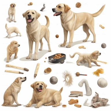 create clipart featuring ultra realistic and playful dog on white background engaged in various activities, such as playing, sleeping, eating, jumping