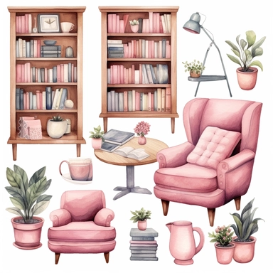 Watercolor Cozy Reading Corner Clipart Bundle, light pink and white, Rug, Watch, Ottoman, Bookshelf, , Bookshelf, Accent pieces, Lamp, Curtains, Plants, Cushions Book Nook PNG Files, Floral Book Nook clipart, book clipart, reading clipart, commercial use