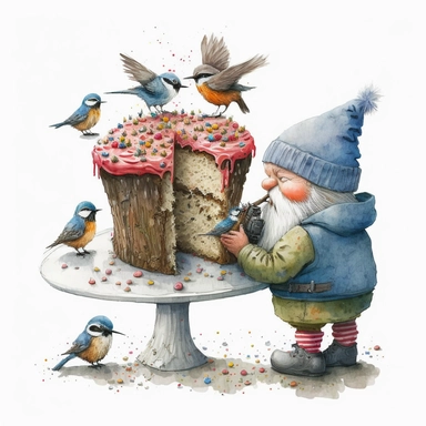 swedish gnome feeding small birds, bird cake, oat bushell, folk art, clipart, watercolor, painterly, white background