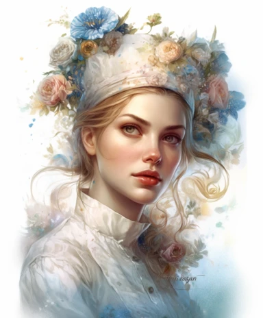 watercolor mixed media portrait of a beautiful and feminine cook in a chef's hat and apron, decorated with forget-me-nots and summer flowers and magic crystals, lace and embroidery, masterpiece by Edouard Bisson style and by Tom Bagshaw style and Hans Zatzka style and Vladimir Kush style, Edwardian fashion, PNG clipart, isolated on white, extreme photorealistic details, 32k HD resolution, realistic high detailization high resolution