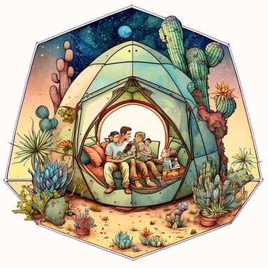 (perfect body figure) of a cute loving American family of 4, camping in a magical succulent GARDEN under starry night (a perfect close-up single-point-perspective view from the back) with its own habitats (flowers and plants) made into a natural-heart-sha