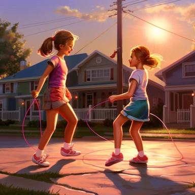 Young girls playing jump rope game in suburban neighborhood, bold colors, retro neon style, photorealistic, high-resolution photography, transparent background PNG clipart – ar 16:9
