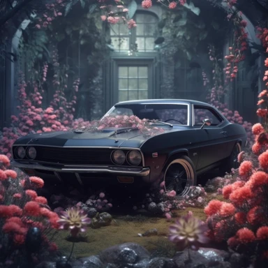 balck muscle car in gothic fantasy world surrounded by beautiful flowers, 4k resolution, clipart