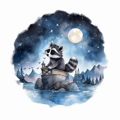 esign a clipart that showcases a raccoon embarking on a nighttime adventure under the starry sky, watercolour style, white background