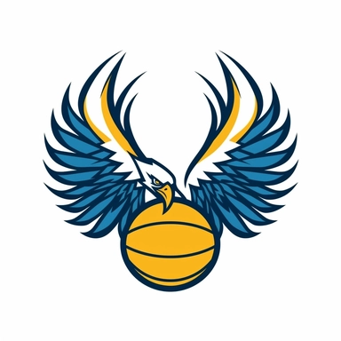 simple basketball team logo with stork wing icon clip art style, blue, yellow on white background