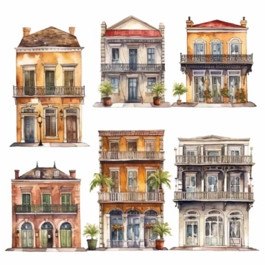watercolor New Orleans French quarter style buildings, illustrations clipart set, simple, , cartoon elements ,different variants , separate elements with a margin